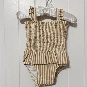 Quincy Mae Striped Beige & White Smocked One-Piece Swimsuit Size 6-12 Months